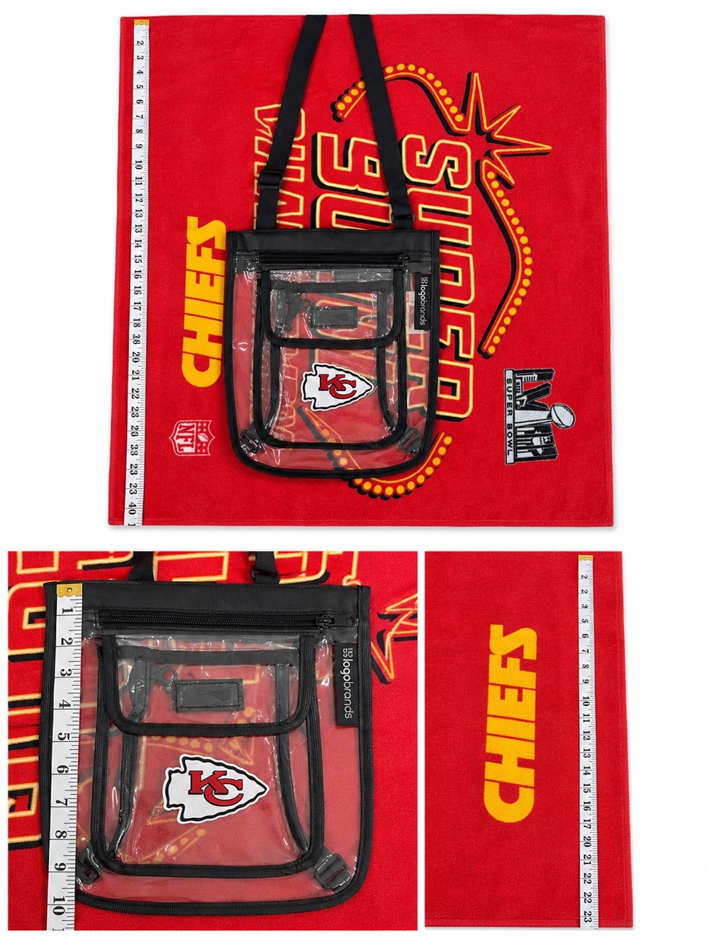 KANSAS CITY CHIEFS STADIUM APPROVED CLEAR BLACK TRIM BAG w 3 COMPARTMENTS,TOWEL
